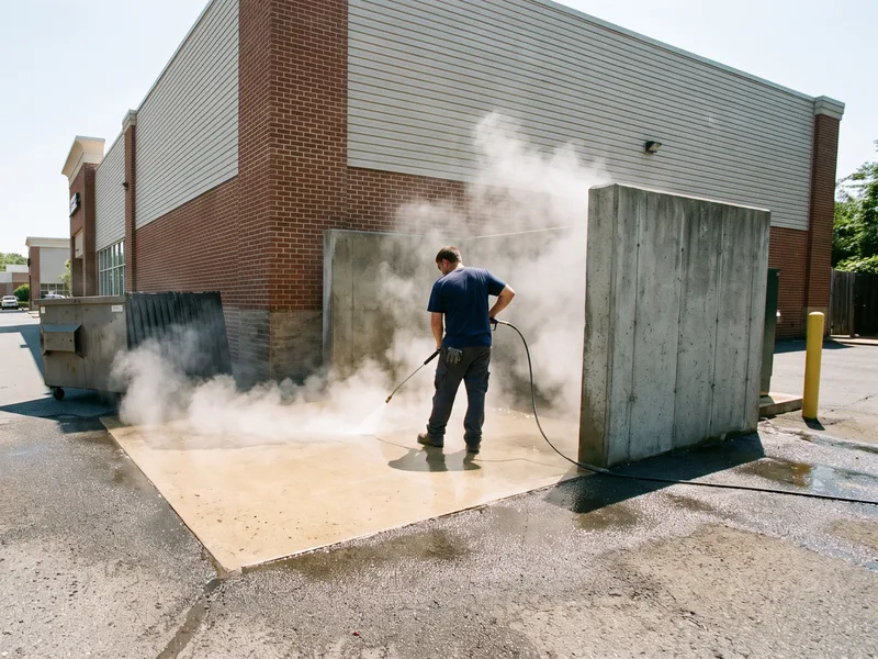 Freshly degreased and sanitized commercial dumpster pad and enclosure
