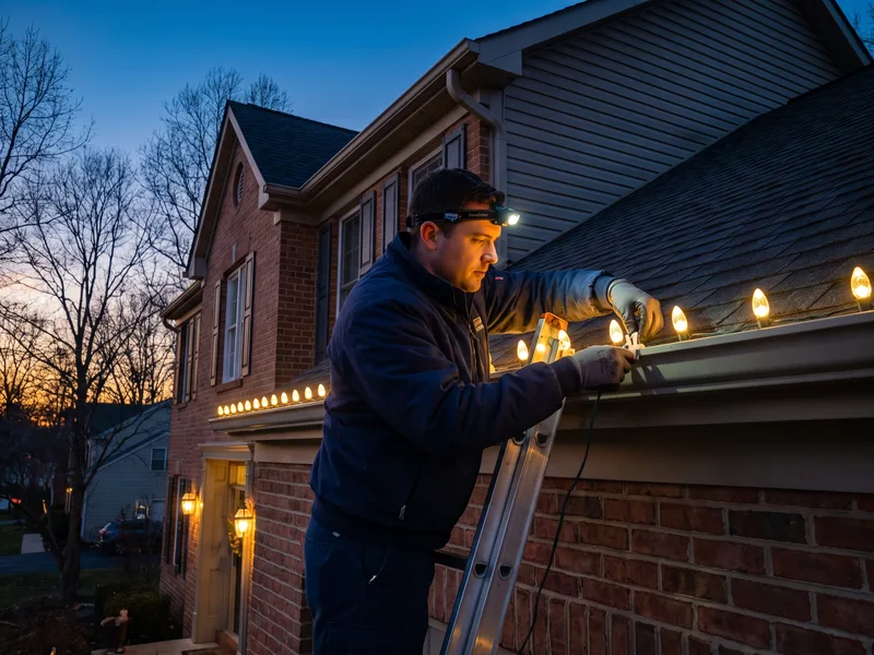 Terrapin Pro Wash installer clipping warm-white Christmas lights along a roofline at dusk
