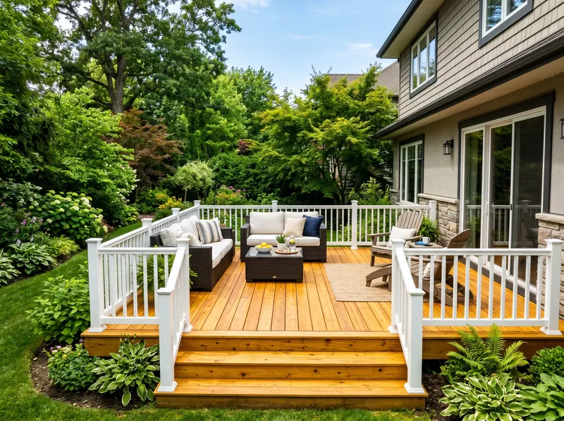 Freshly cleaned wood deck with restored golden tone and white railing