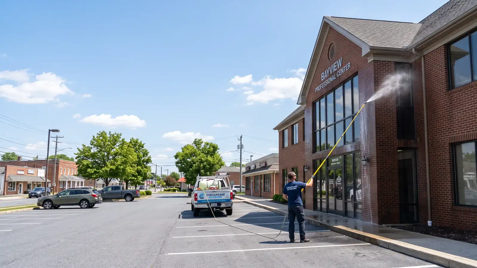Commercial building exterior being soft washed by Terrapin Pro Wash
