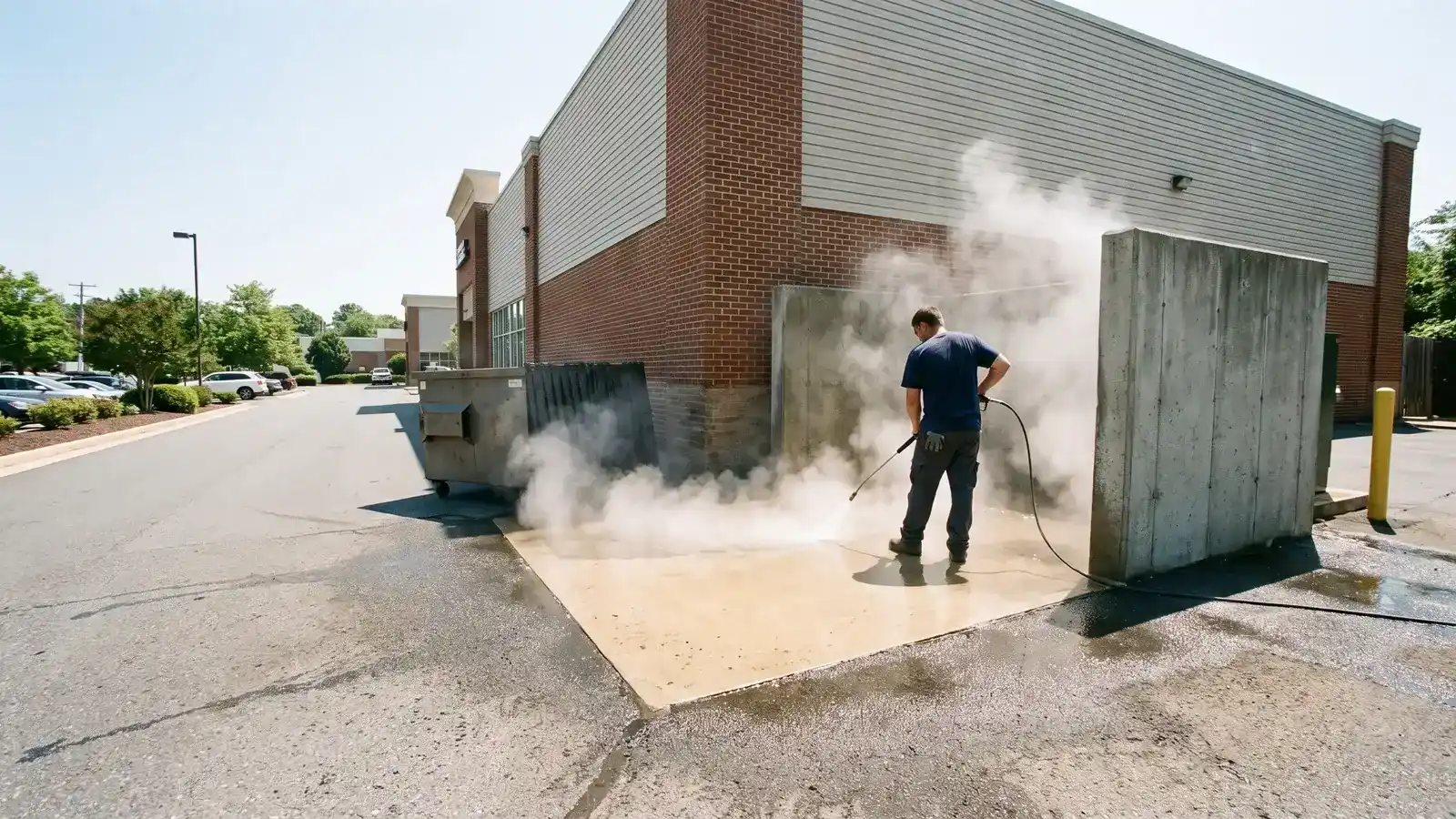 Commercial dumpster pad being hot-water degreased by Terrapin Pro Wash