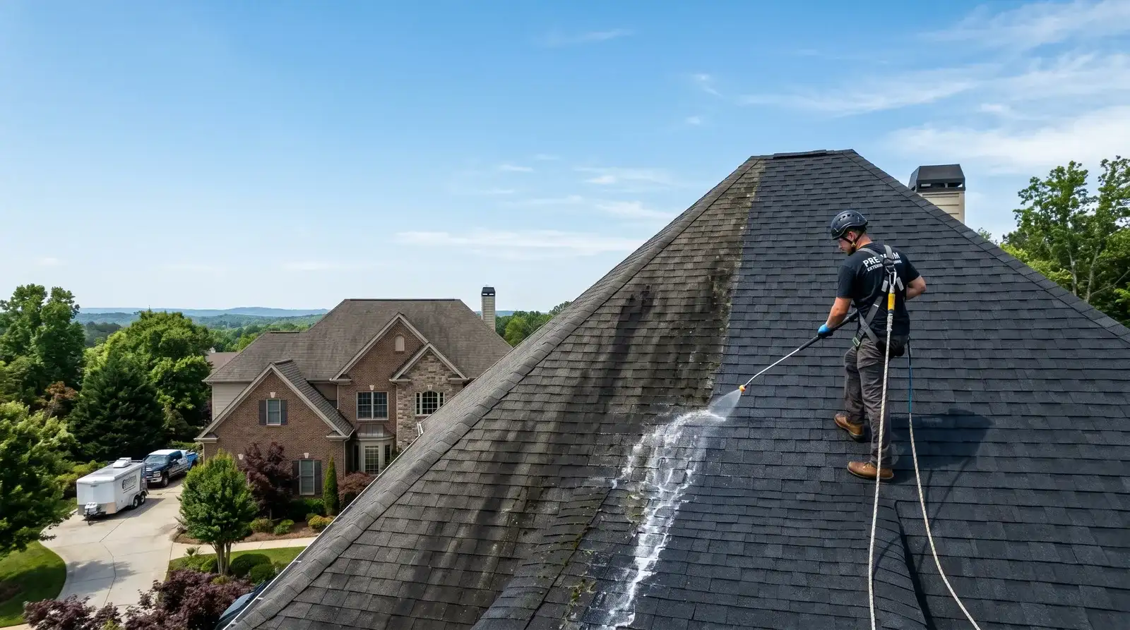 Clean roofline on an Eastern Shore home after algae removal
