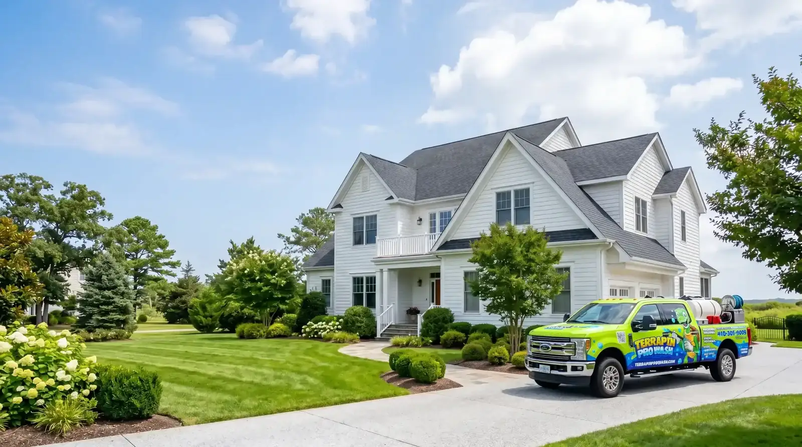 Freshly cleaned coastal Maryland home with a Terrapin Pro Wash service truck in the driveway