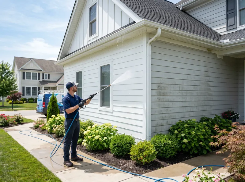 Technician soft washing the white siding of a suburban home
