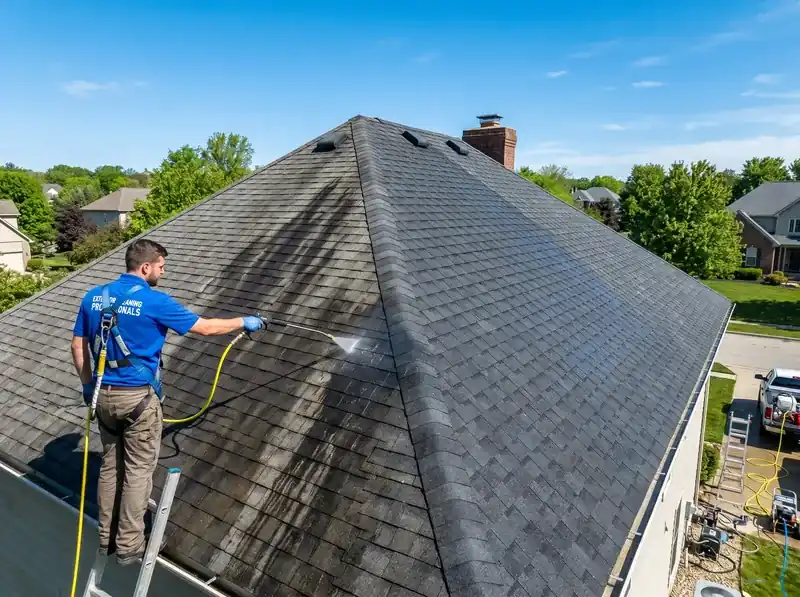 Low-pressure soft roof cleaning removing black streaks from asphalt shingles
